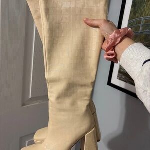 Princess Polly Cream Croc-Patterned Heeled Boots